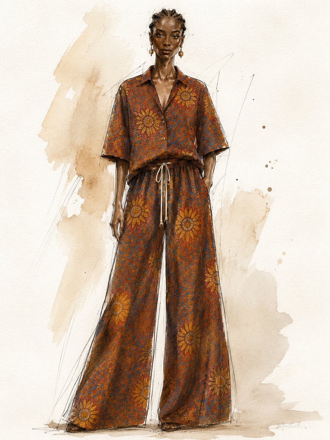 Illustration mode aquarelle d’un ensemble palazzo artistique signé Élisabeth Akaïa Kaï. Une silhouette luxe inspirée de la France, mêlant imprimés solaires, élégance contemporaine et influences multiculturelles dans un univers couture poétique et raffiné.