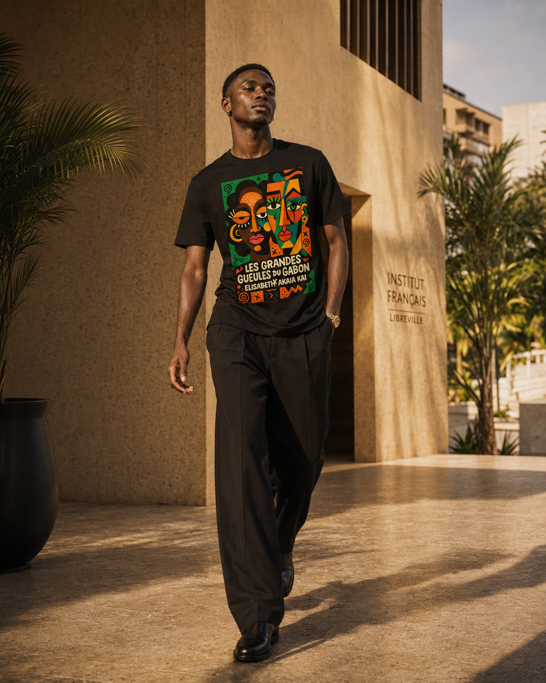 Homme africain en mouvement portant le t-shirt Les Grandes Gueules du Gabon dans une architecture contemporaine à Libreville au Gabon.