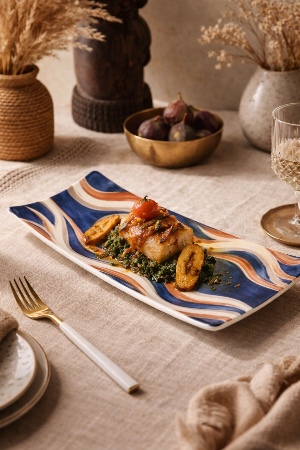 Photographie d’objet mettant en scène une assiette rectangulaire Mbeya en céramique de designer, décorée d’un motif ondulé bleu profond, terracotta et sable, accueillant au centre un plat gabonais présenté de façon gastronomique, sur une table élégante aux matières naturelles.
