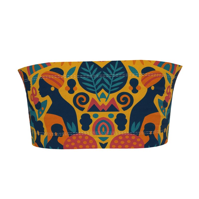 Bandeau coloré Zamaïa aux motifs artistiques multiculturels, dans des tons solaires, porté en accessoire de tête – mode éthique et fabriqué à la demande