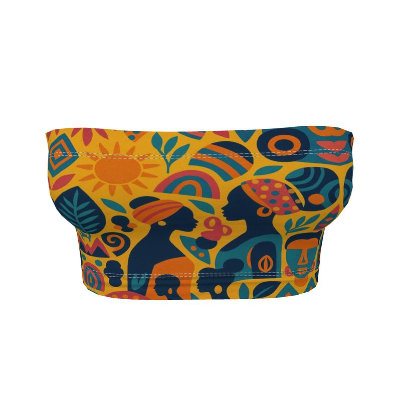 Bandeau coloré Zamaïa aux motifs artistiques multiculturels, dans des tons solaires, porté en accessoire de tête – mode éthique et fabriqué à la demande