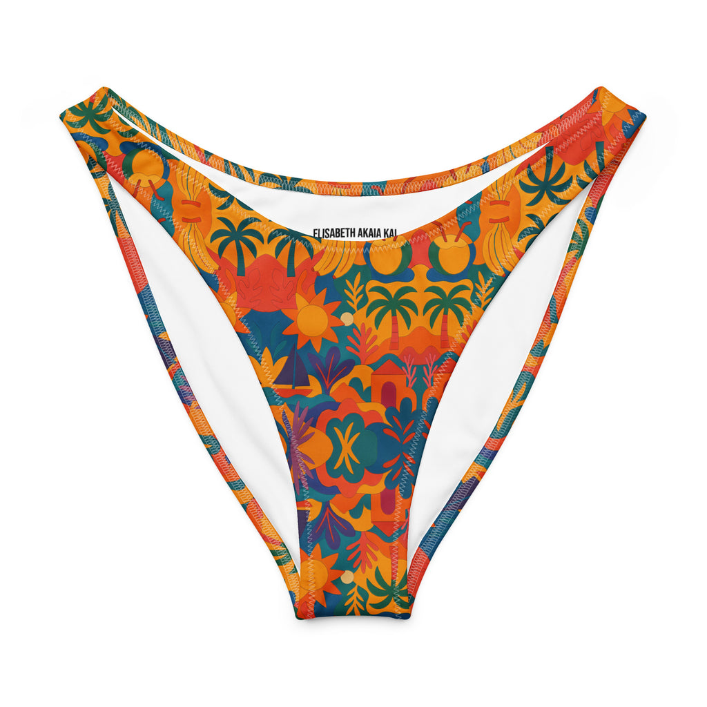 Bas de maillot de bain échancré Palma Áurea, coupe en V flatteuse, imprimé tropical coloré aux motifs afro-méditerranéens – vue de face.