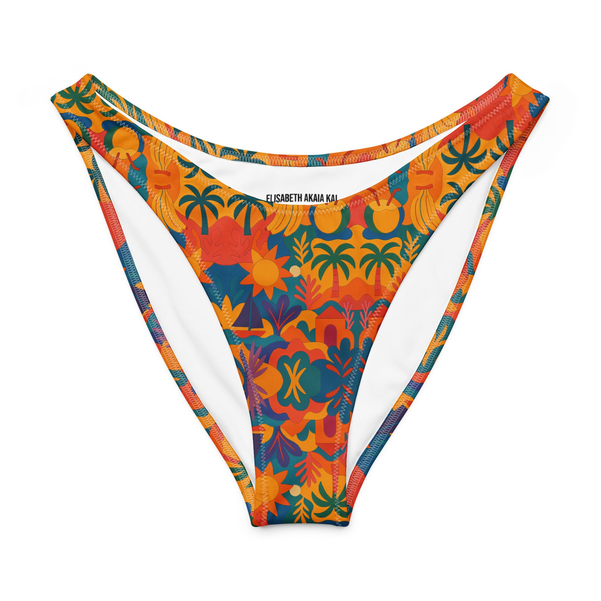 Bas de maillot de bain échancré Palma Áurea, coupe en V flatteuse, imprimé tropical coloré aux motifs afro-méditerranéens – vue de face.