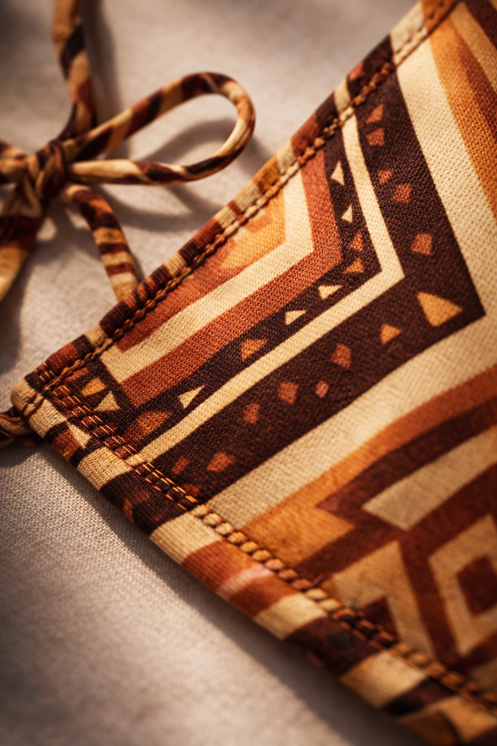 Zoom sur le tissu du bikini, révélant un motif géométrique inspiré de l’art africain. Matière douce, résistante et haut de gamme, conçue pour durer.