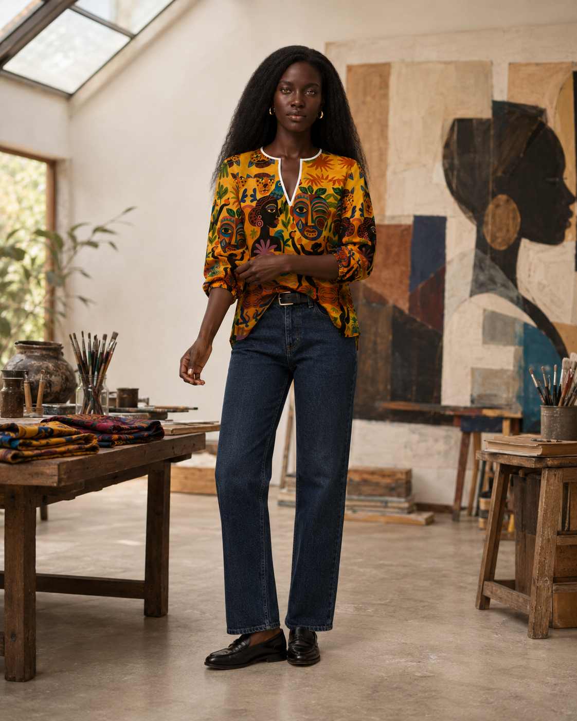 La Blouse Tanéa portée avec un jean brut dans un atelier d’artiste lumineux. Une interprétation contemporaine et décontractée du luxe, entre création textile et liberté.