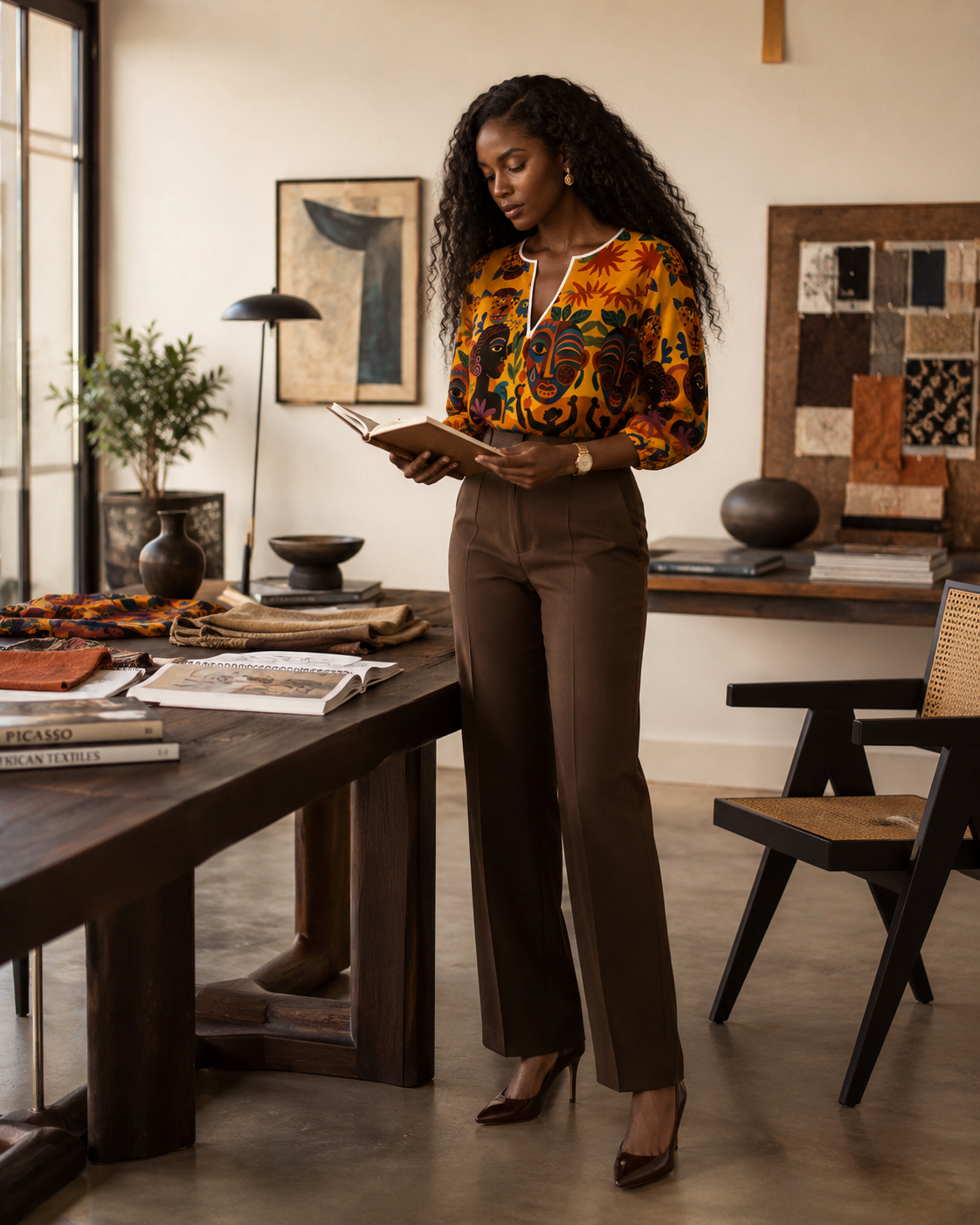 La Blouse Tanéa portée avec un pantalon chocolat dans un bureau de direction artistique. Un look professionnel haut de gamme pensé pour une femme créative et assurée.