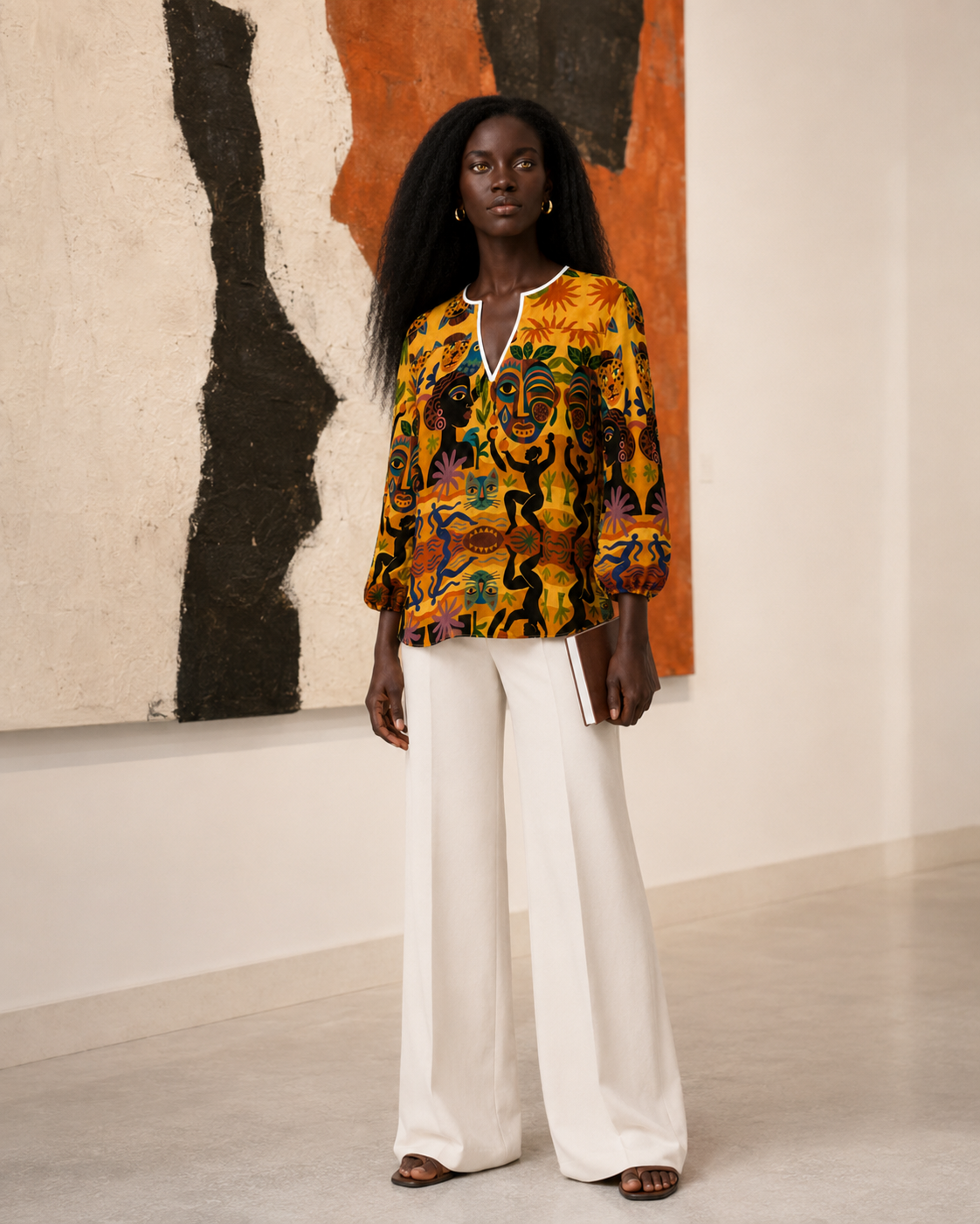 La Blouse Tanéa portée avec un pantalon palazzo ivoire dans une galerie d’art contemporaine. Une création de mode luxe où l’imprimé devient une véritable œuvre à porter.