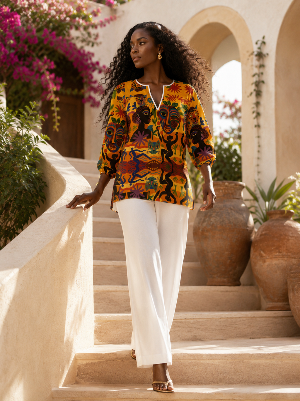La Blouse Tanéa portée avec un pantalon blanc fluide dans un patio méditerranéen lumineux. Une silhouette féminine élégante qui révèle son imprimé artistique et son allure solaire.