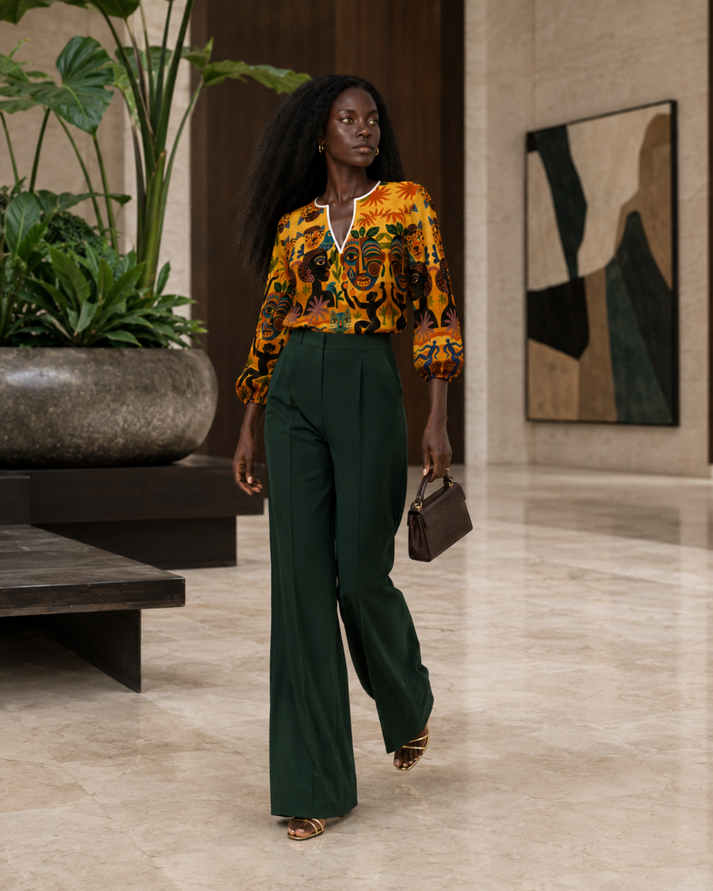 La Blouse Tanéa portée avec un pantalon palazzo vert forêt dans le hall d’un hôtel contemporain. Une tenue élégante qui affirme un luxe international et artistique.