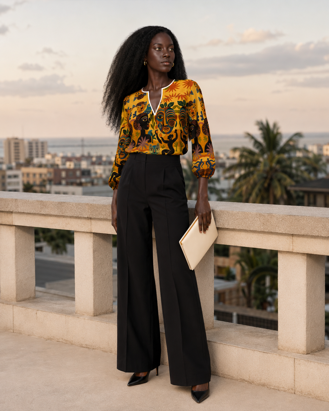 La Blouse Tanéa portée avec un pantalon noir taille haute sur un rooftop à Libreville. Une silhouette urbaine sophistiquée, entre création artistique et luxe contemporain.