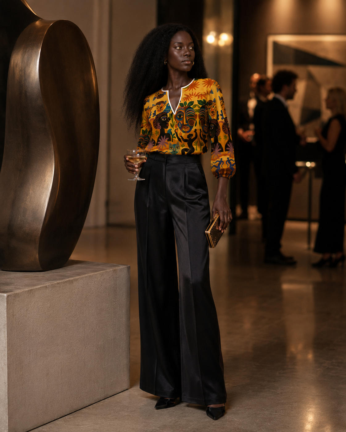 La Blouse Tanéa portée avec un pantalon noir satiné lors d’un vernissage privé. Une tenue de soirée sophistiquée où les couleurs de l’imprimé illuminent une atmosphère feutrée.