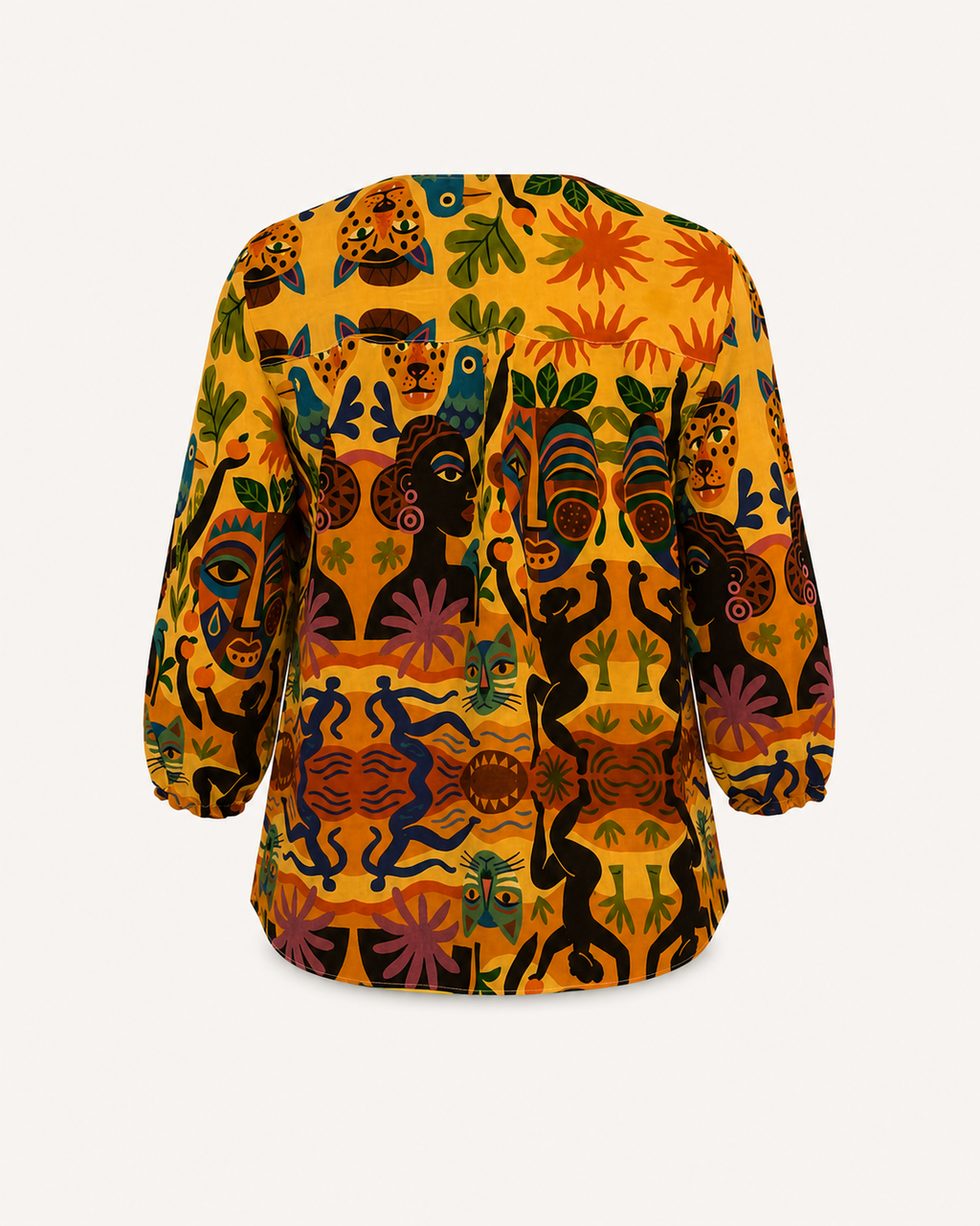 Vue de dos de la Blouse Tanéa sur mannequin invisible. Cette photographie produit met en valeur la continuité de l’imprimé, la ligne souple de l’ourlet et le volume des manches.