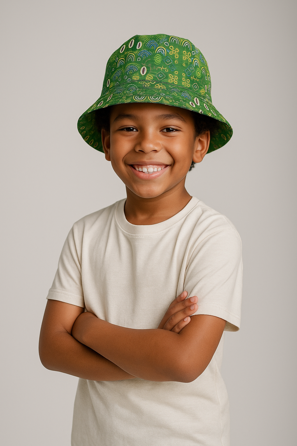Petit garçon afro-métis de 10 ans portant le Bob Mwana vert aux motifs ethniques, bras croisés sur la poitrine et sourire fier devant un fond neutre.