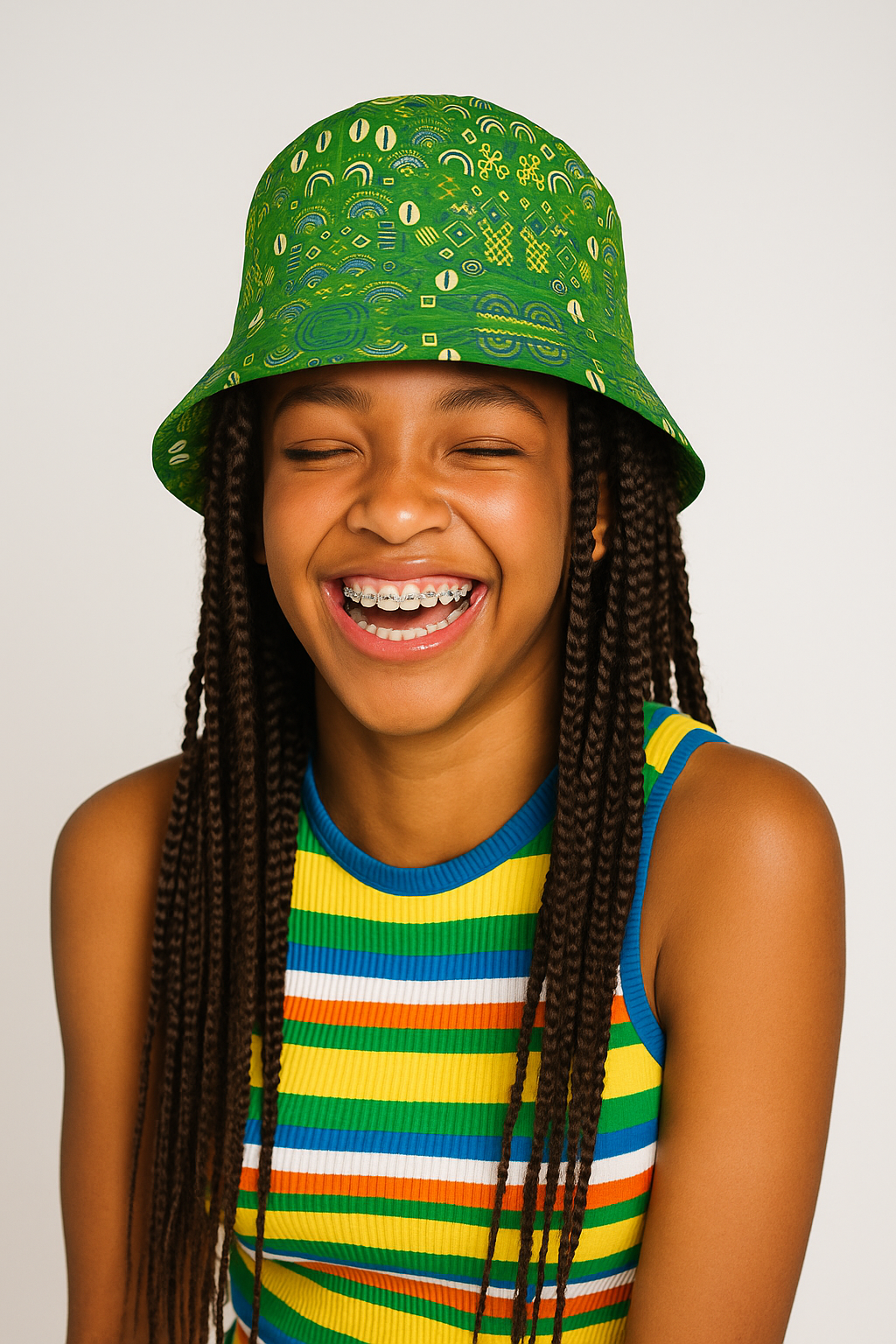 Adolescente afro-métisse de 16 ans avec de longues tresses, riant de joie en portant le Bob Mwana vert imprimé de cauris et de motifs africains.