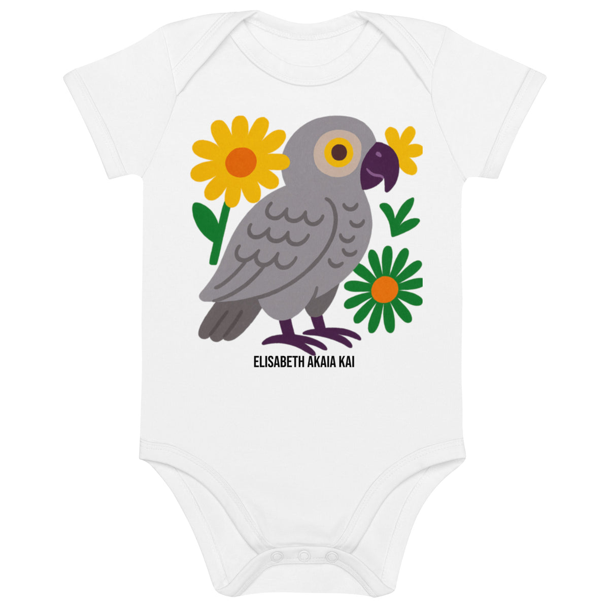 Body bébé Mikaya blanc en coton biologique avec motif perroquet gris et fleurs solaires, signé Élisabeth Akaïa Kaï.