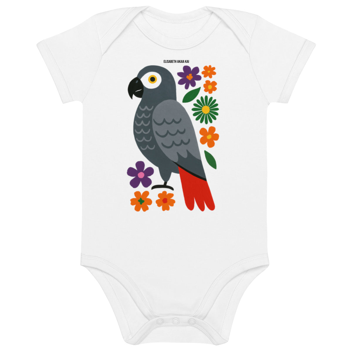 Body bébé Ndzéba en coton biologique certifié, imprimé avec un perroquet jaco du Gabon entouré de fleurs colorées, symbole de la collection afro luxe Libreville Royale.
