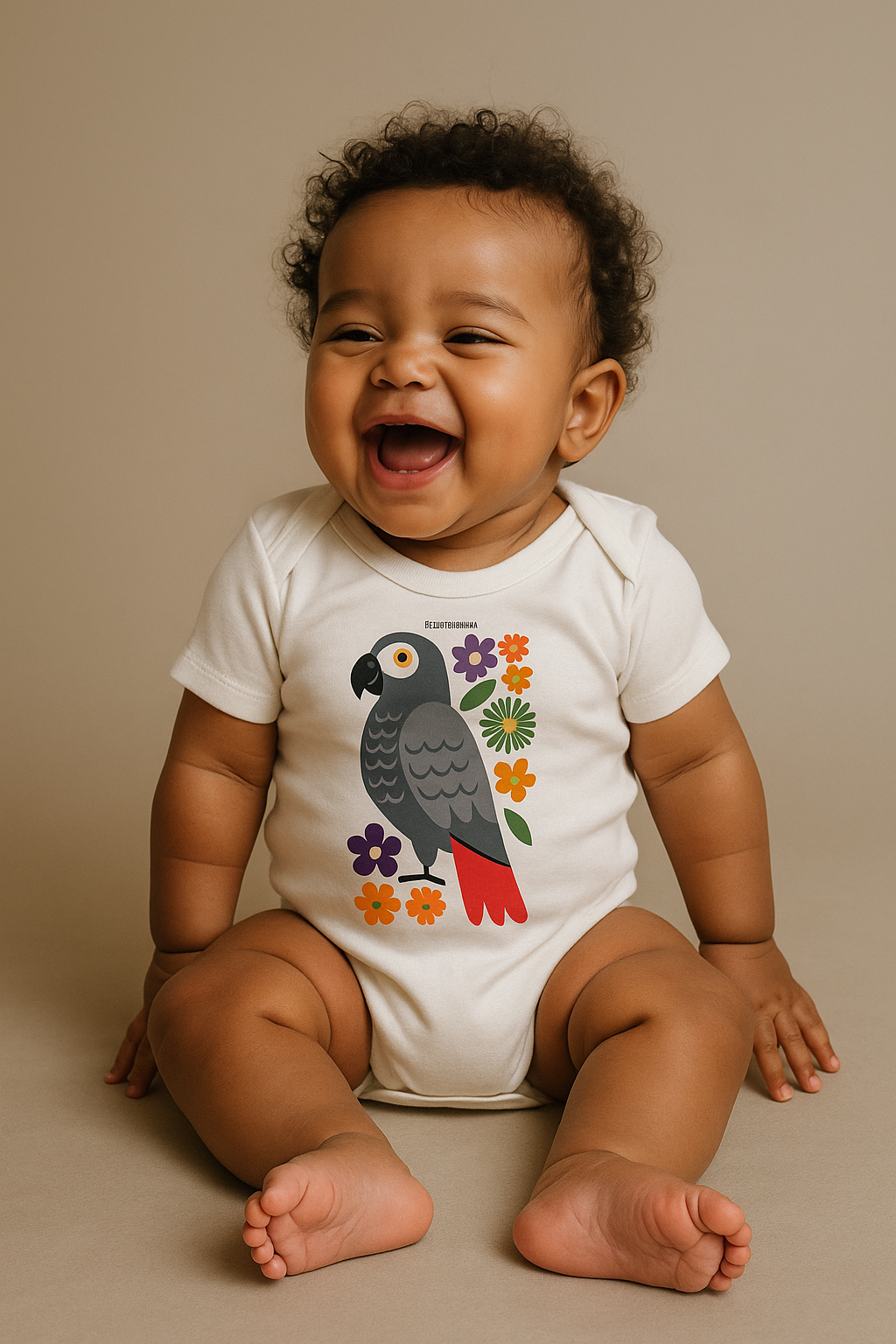 Bébé africain de 6 mois assis, souriant, portant le body en coton biologique Ndzéba avec imprimé perroquet jaco, photographie de mode afro luxe studio.