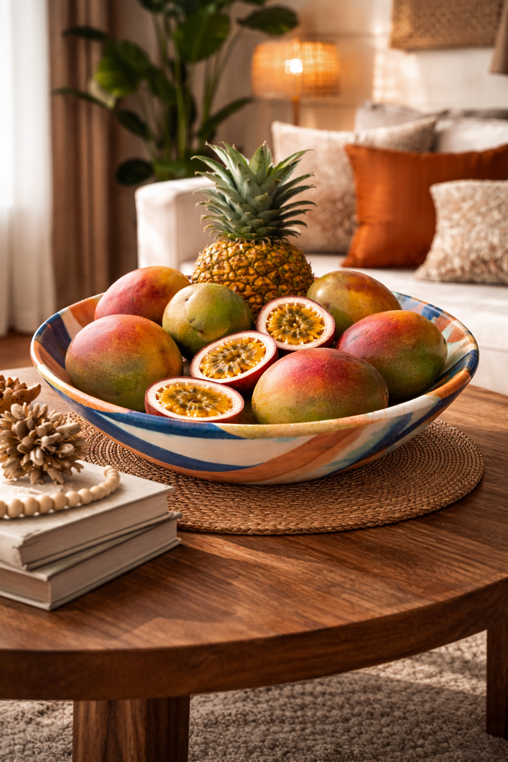 Bol décoratif Mbeya en résine Stonemax, grand bol design de 37 cm, motif artistique afro-luxe, contenant mangues, ananas et fruits de la passion, posé sur une table basse en bois dans un salon design contemporain, art de la table haut de gamme inspiré du Gabon.