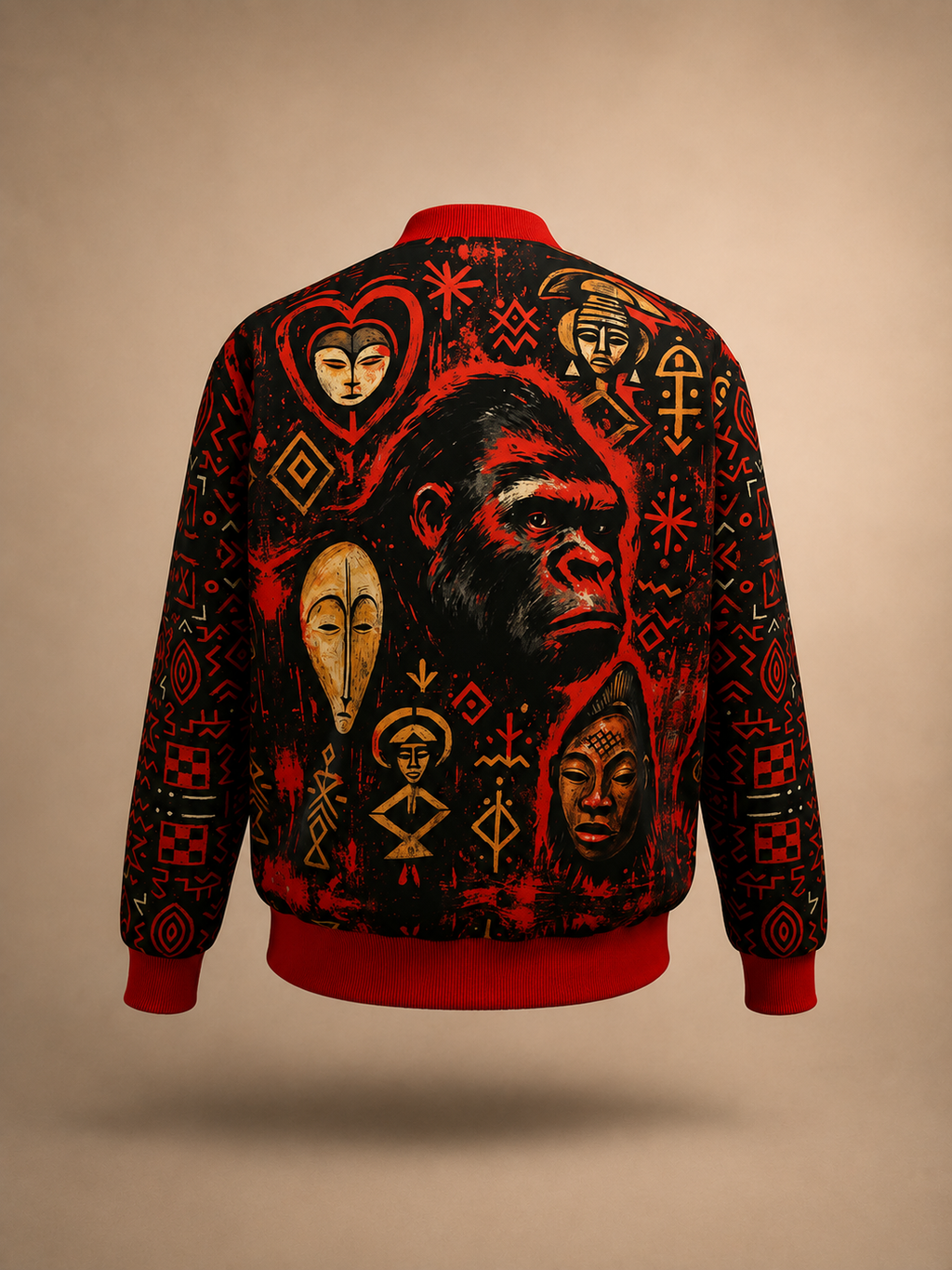 Présentation studio du dos de la veste bomber Élisabeth Akaïa Kaï. Une œuvre textile immersive inspirée des langages visuels africains et du storytelling contemporain.
