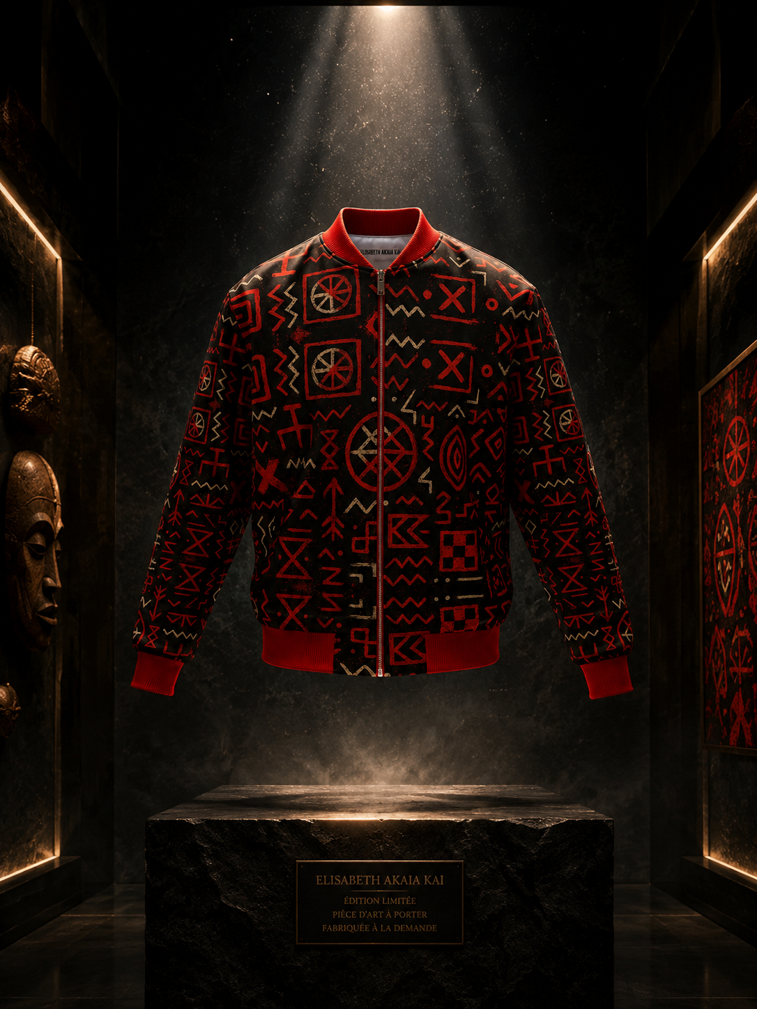 Présentée comme une pièce de collection dans un écrin muséal, cette veste bomber artistique Élisabeth Akaïa Kaï célèbre la rencontre entre mode, émotion et patrimoine visuel afro-contemporain.