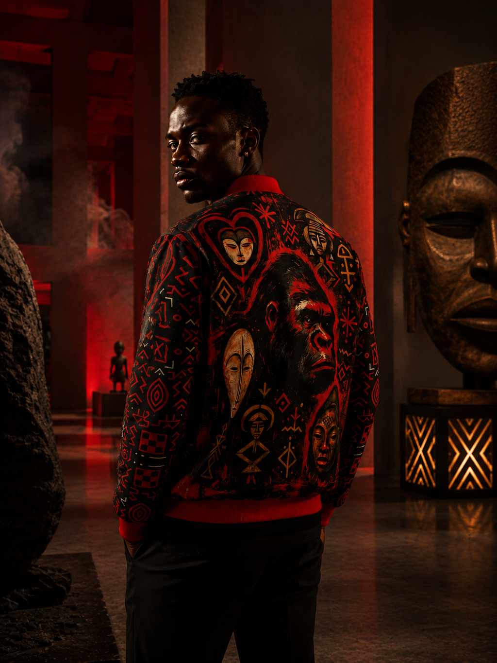 Campagne éditoriale de luxe mettant en scène la veste bomber Élisabeth Akaïa Kaï dans un univers inspiré de l’art contemporain africain. Une pièce artistique aux symboles graphiques, masques et illustration gorille, pensée comme une œuvre à porter.