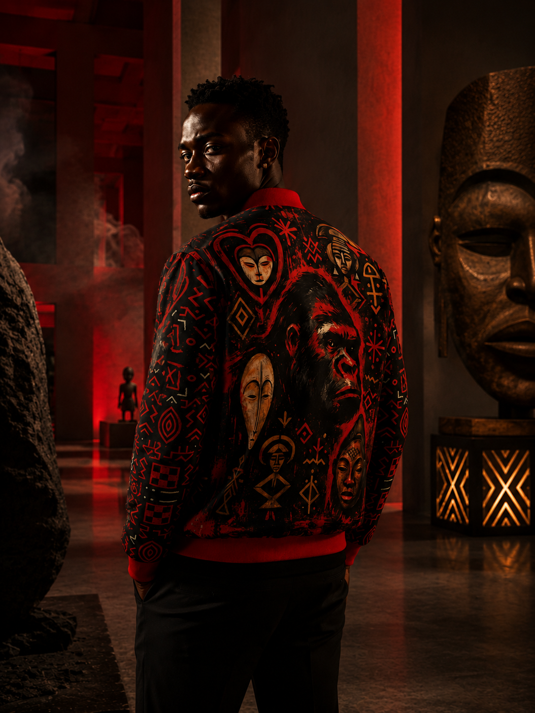 Campagne éditoriale de luxe mettant en scène la veste bomber Élisabeth Akaïa Kaï dans un univers inspiré de l’art contemporain africain. Une pièce artistique aux symboles graphiques, masques et illustration gorille, pensée comme une œuvre à porter.