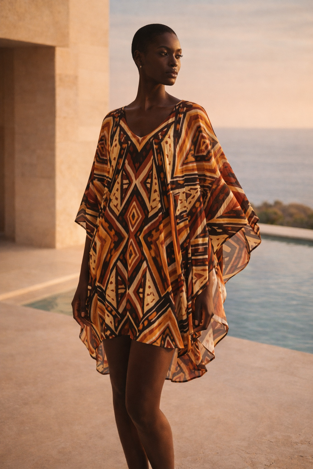 Découvrez le caftan court NYARA, une pièce de luxe à l’esthétique solaire inspirée de motifs africains contemporains. Fluide, léger et structuré, il sublime la silhouette avec élégance dans un univers resort haut de gamme.