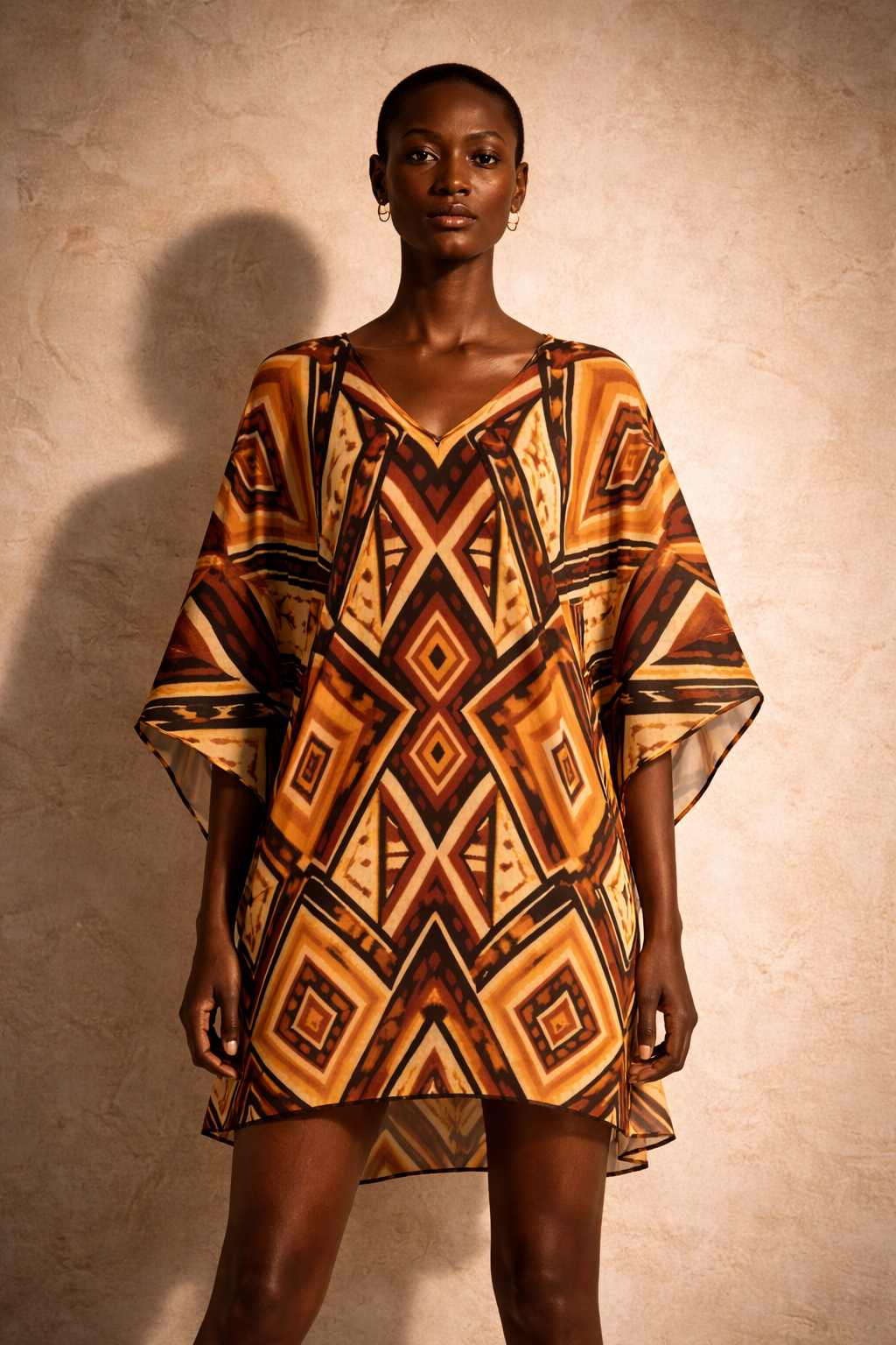 Le caftan court NYARA revisite la robe d’été avec une approche artistique et contemporaine. Une pièce forte au design graphique et à la coupe fluide.