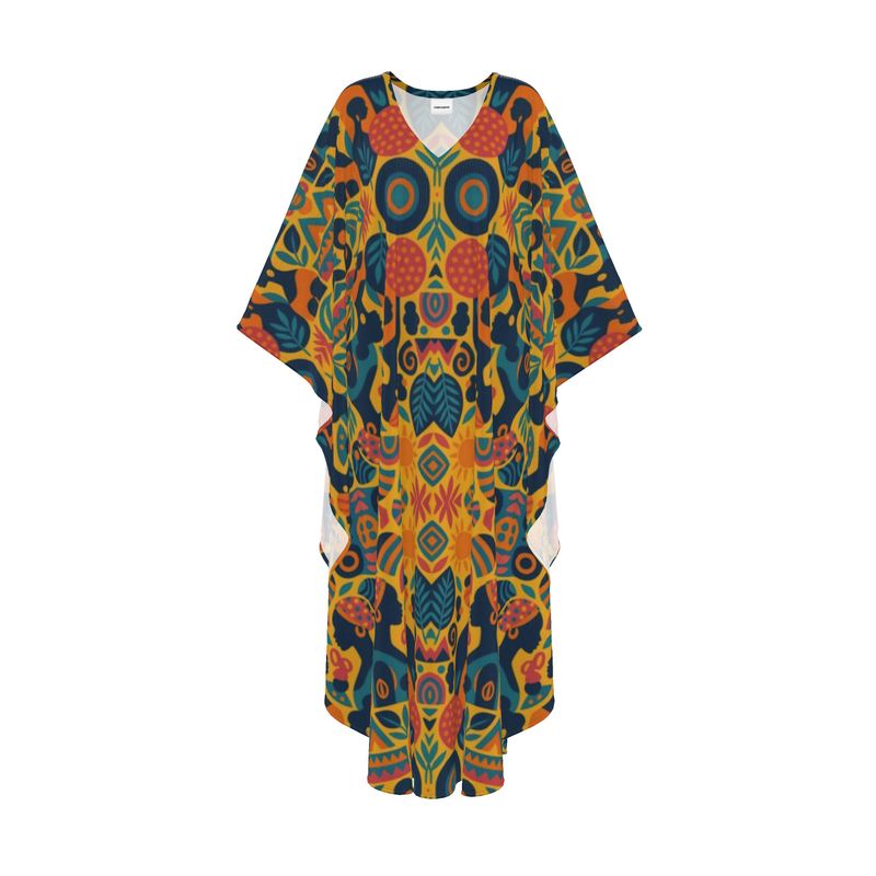 Mannequin portant le caftan long Dianéya, pièce fluide et imprimée de la collection The Rituels Solaires, confectionnée à la demande par Élisabeth Akaïa Kaï.