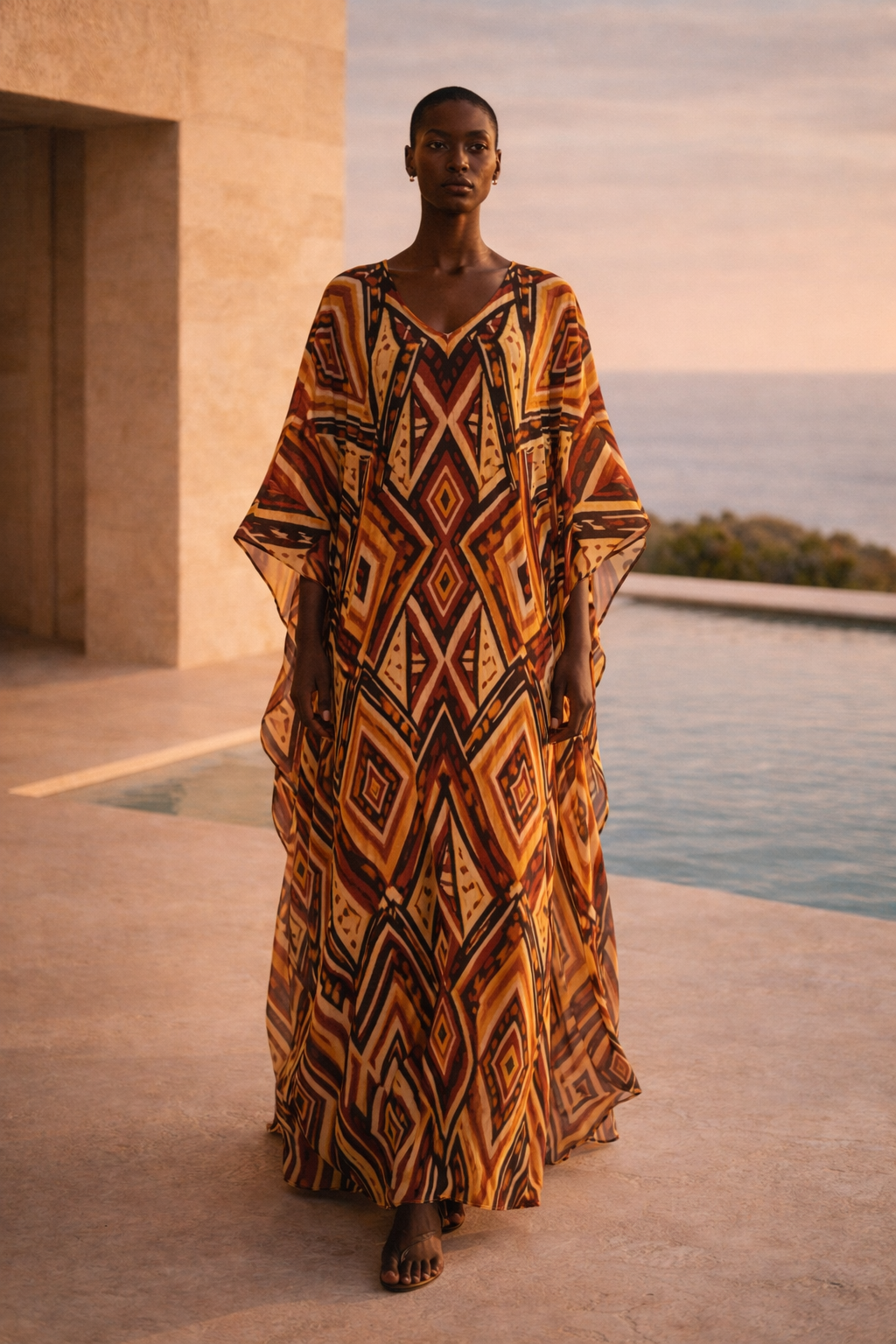 Le caftan long NYARA incarne l’élégance naturelle et le luxe discret. Sa coupe fluide et son motif signature créent une silhouette élancée, idéale pour un look balnéaire sophistiqué.