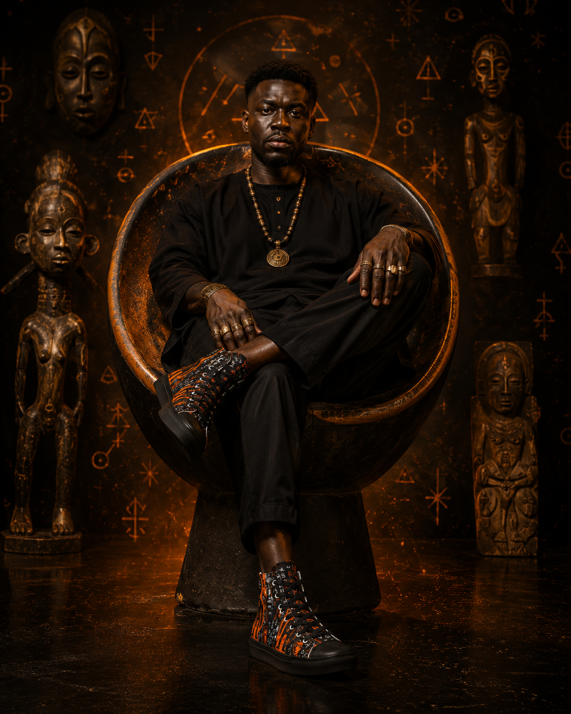 Dans une ambiance immersive noire et orangée inspirée de l’art contemporain africain, les sneakers ÉLISABETH AKAÏA KAÏ deviennent une pièce de collection à part entière.