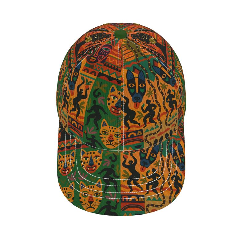 Casquette Nzinga, casquette de créateurs Afro Luxe à 6 panneaux, vue avant en 3D, avec imprimés africains colorés orange, vert et noir.