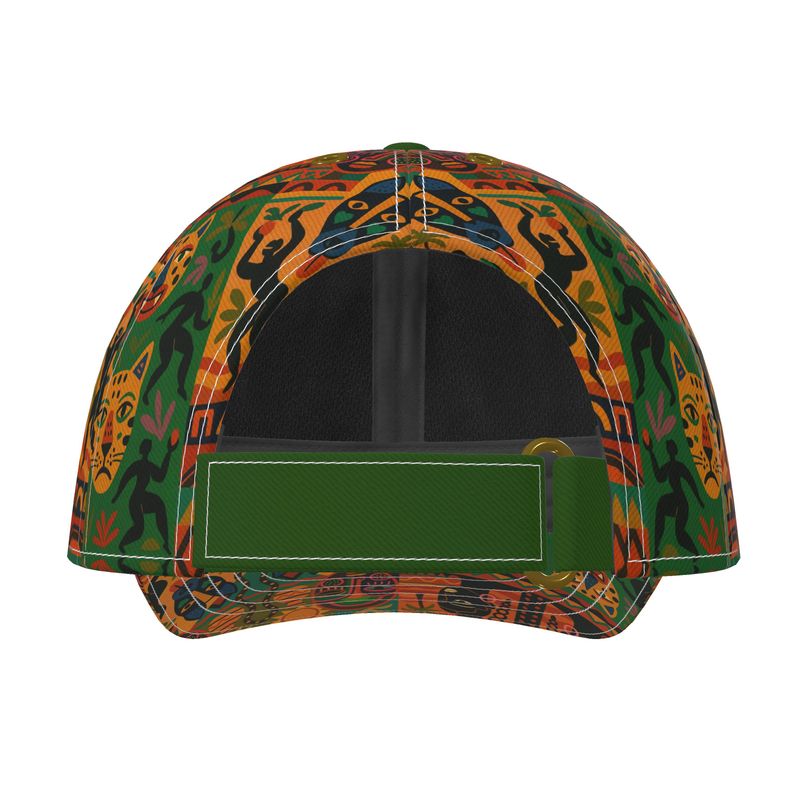 Casquette Nzinga Afro Luxe à 6 panneaux, vue du dessus, montrant la répartition symétrique des imprimés africains colorés et contemporains.