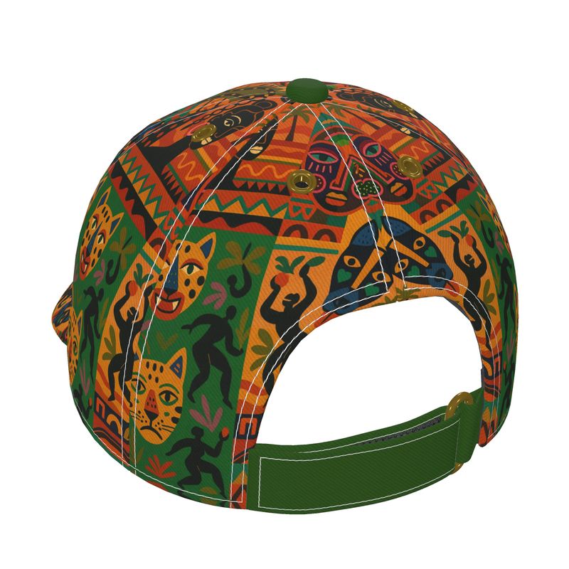 Casquette Nzinga Gabon Luxe, vue arrière 3/4 mettant en avant la sangle ajustable et les imprimés africains colorés.