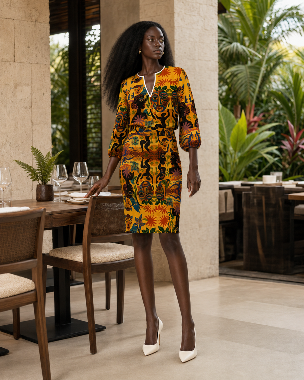 La Blouse Tanéa associée à la Jupe Crayon Tanéa dans un restaurant ouvert sur un jardin tropical. Un ensemble coordonné élégant aux motifs artistiques et aux couleurs solaires.