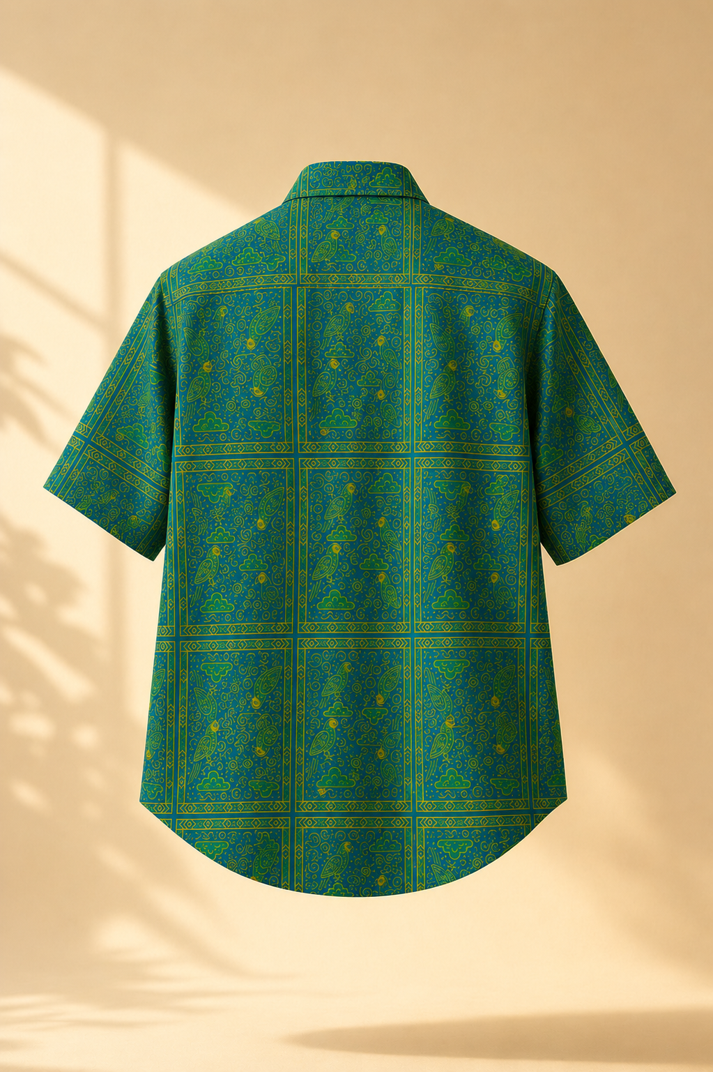 Vue arrière de la chemise Okani révélant la continuité de son imprimé artistique exclusif. Une composition graphique pensée comme une œuvre portable.