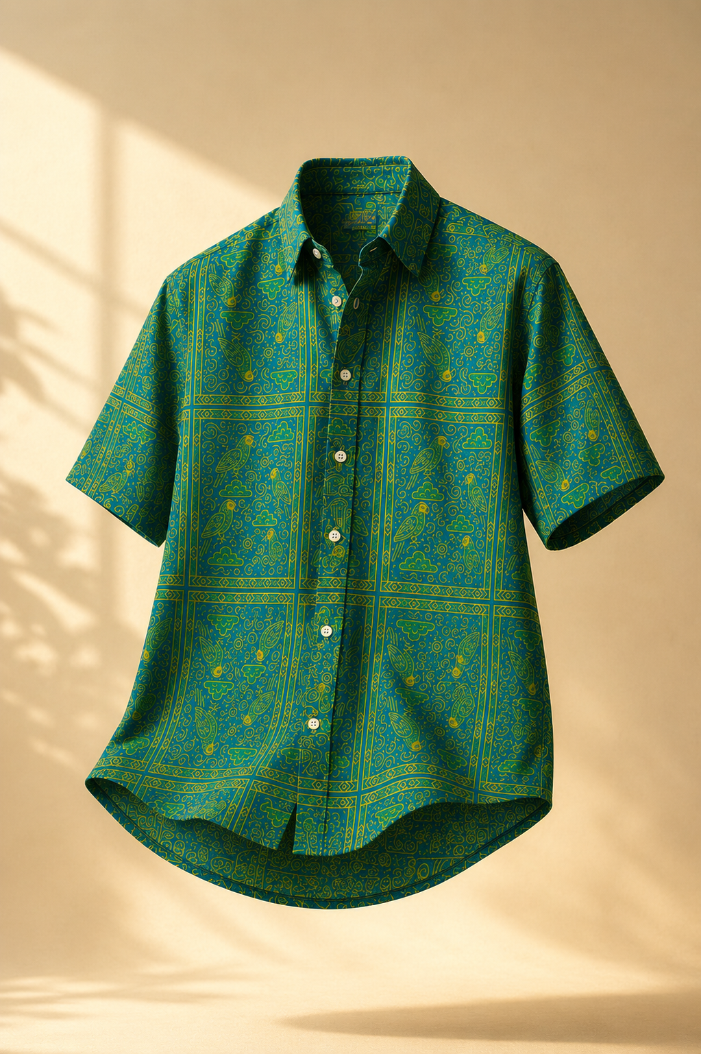 Vue frontale de la chemise homme Okani : coupe élégante, motif exclusif et détails raffinés. Une création en édition limitée pensée pour les amateurs de mode expressive.