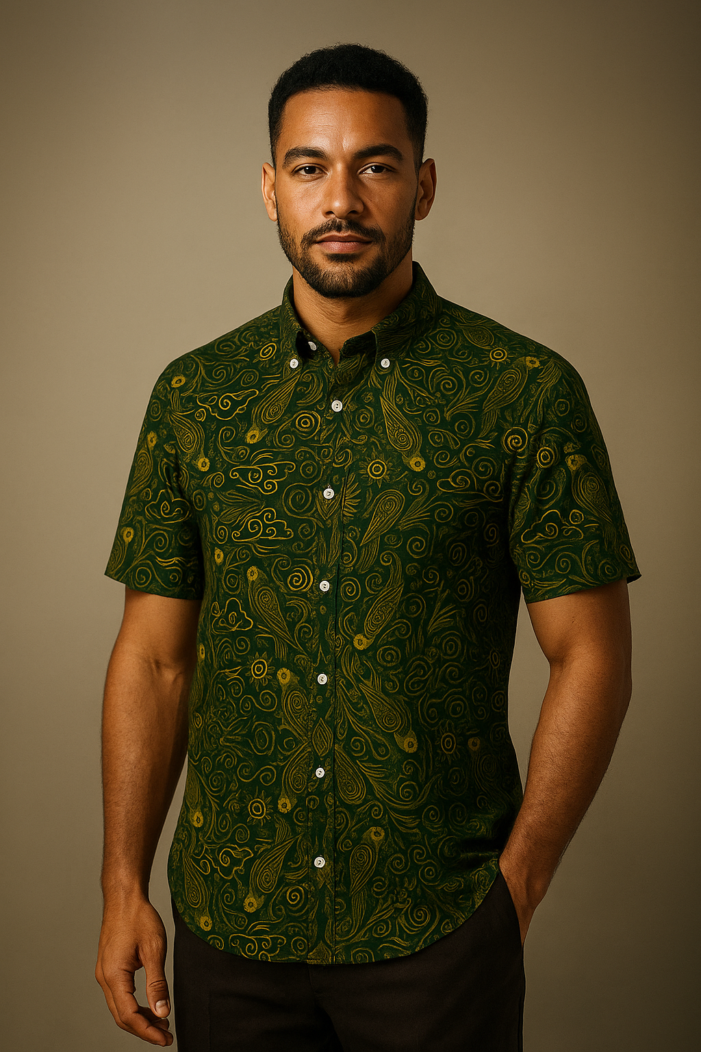 Vue de face de la chemise M’bani portée par un homme afro-métis dans un studio de mode haut de gamme. Le vert profond et les motifs dorés captent la lumière, exprimant la noblesse et la liberté de l’esthétique gabonaise contemporaine.
