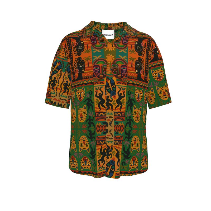 Chemise Nzinga en coton satin bio signée Élisabeth Akaïa Kaï, vue de face, avec imprimé afro-luxe coloré et coupe fluide élégante.