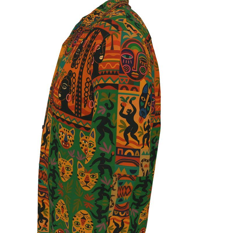 Profil droit de la chemise Nzinga Élisabeth Akaïa Kaï, mettant en lumière les motifs africains exclusifs et le tombé élégant du coton satin bio.