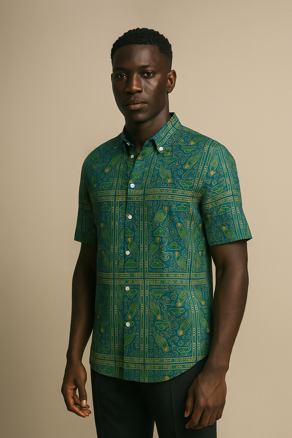 Homme afro en chemise Okani, posture droite et regard confiant. Motifs inspirés des oiseaux et symboles solaires gabonais. Studio minimaliste, lumière douce, fond neutre.