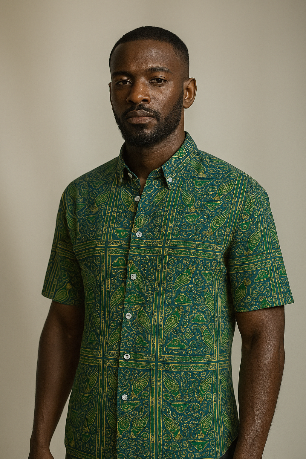 Homme afro debout, regard calme, portant la chemise Okani émeraude et or dans un studio au fond neutre. Pièce de luxe éthique et artistique de la maison Élisabeth Akaïa Kaï.