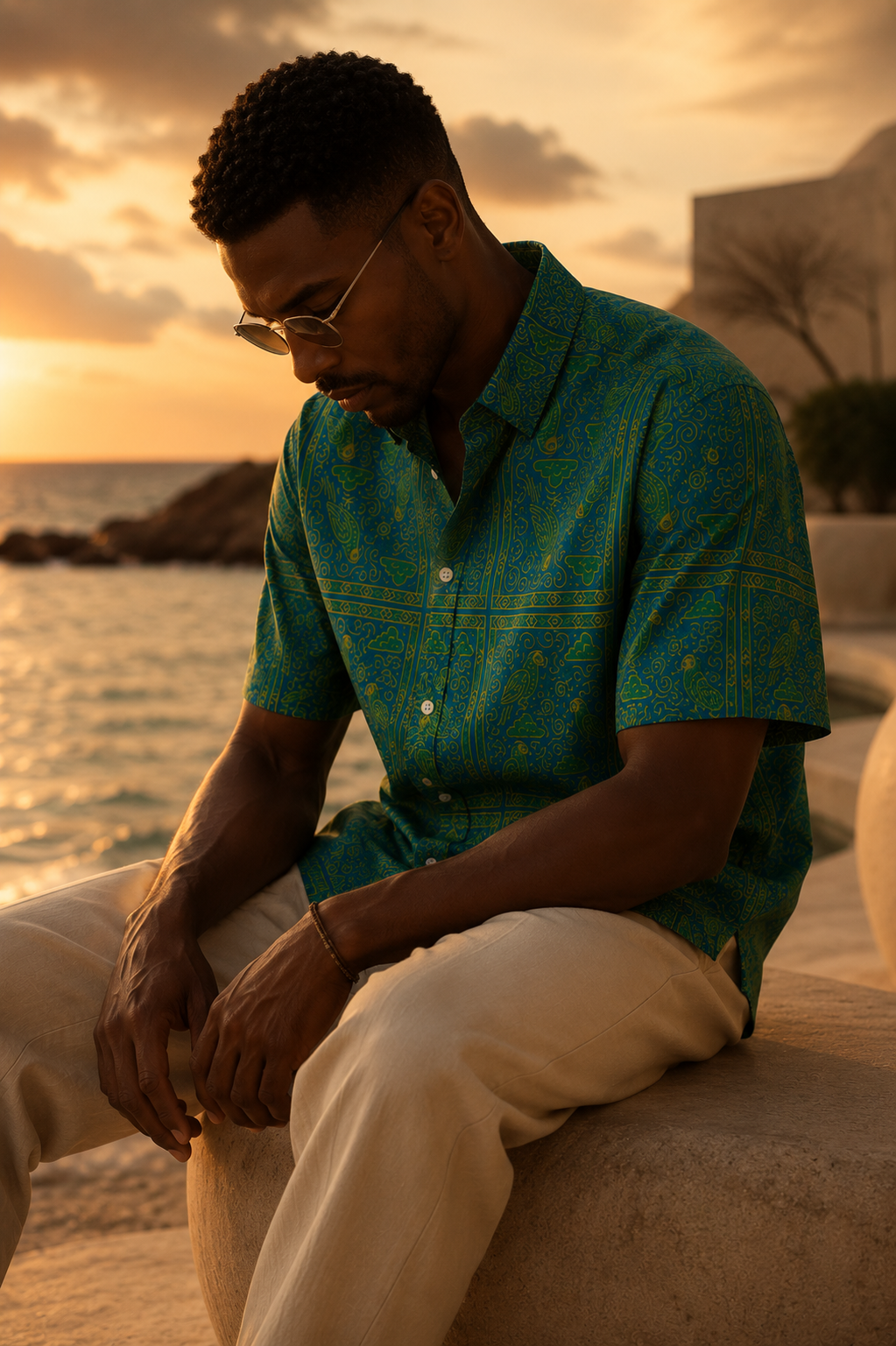 Une silhouette contemplative portée par le vent et la lumière. La chemise Okani incarne une vision émotionnelle du vêtement entre calme et caractère.