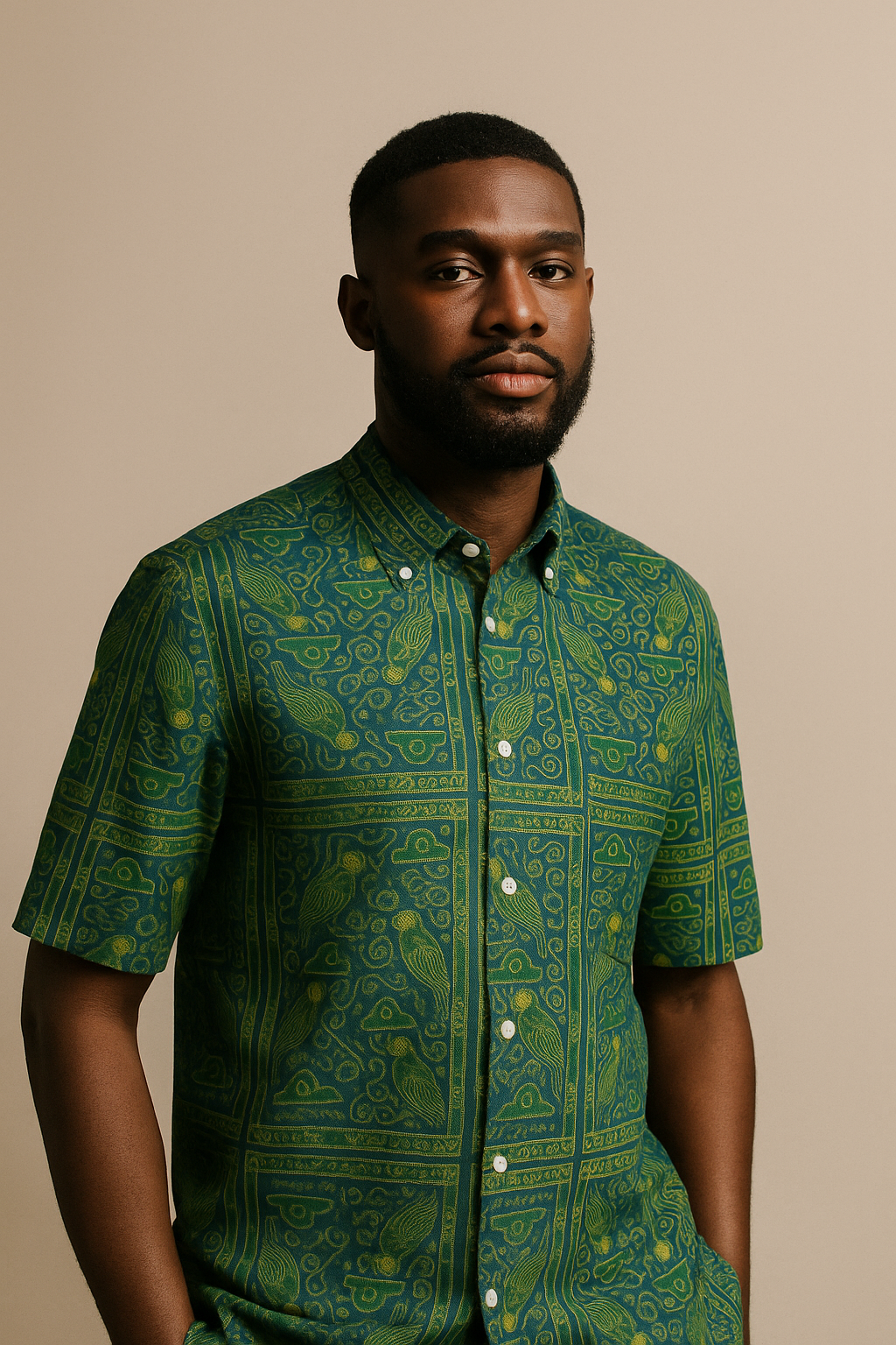 Homme afro vêtu de la chemise Okani de la collection Libreville Royale, posant dans un studio photo beige. L’imprimé artistique vert et or illustre la fusion entre tradition et modernité.