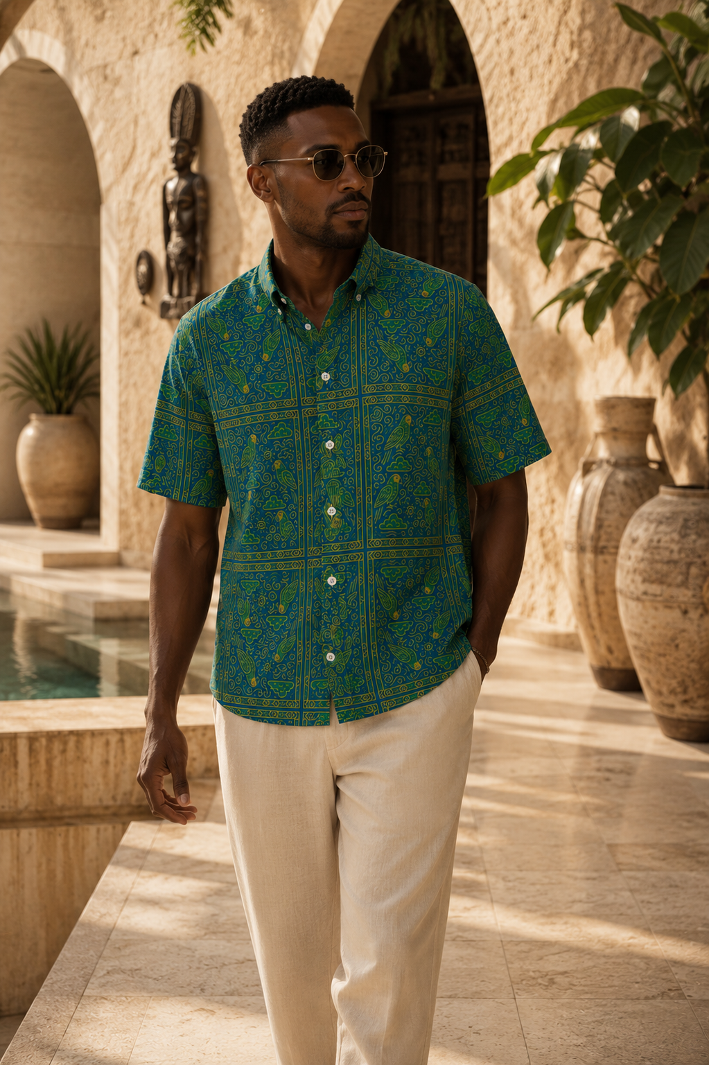 Présentée comme une œuvre d’art contemporaine, la chemise Okani révèle son univers symbolique entre oiseaux, lumière et langage visuel poétique.
