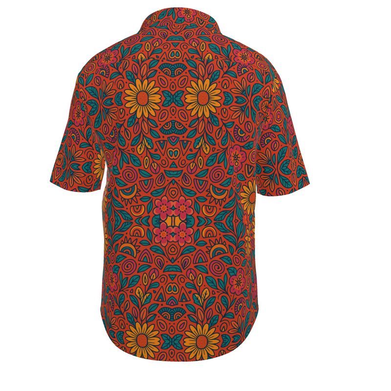 Chemise Solstice en Fleurs à manches courtes, imprimé floral rouge, orange et vert en all-over, col boutonné et boutons en nacre blanche – vue arriere