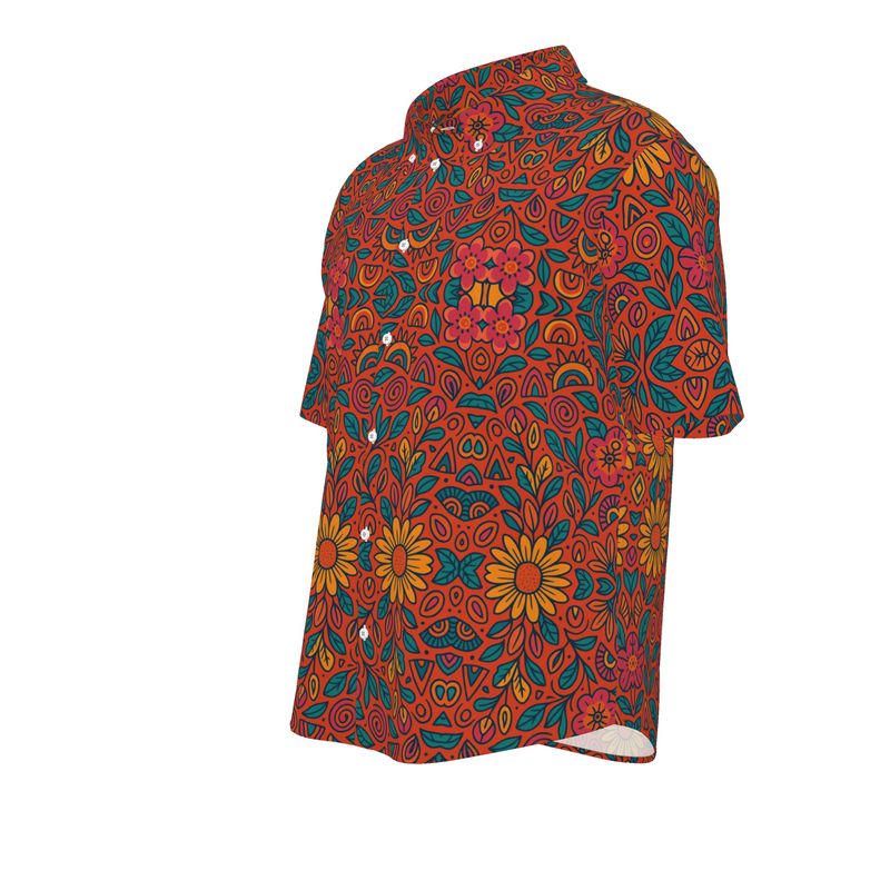 Chemise Solstice en Fleurs à manches courtes, imprimé floral rouge, orange et vert en all-over, col boutonné et boutons en nacre blanche – vue avant gauche.