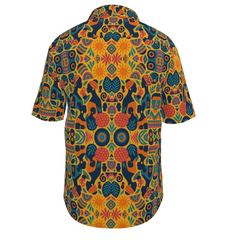 Chemise unisexe Zamaïa à manches courtes, imprimé ethnique coloré inspiré de l’Afrique et du soleil, coupe droite, mode éthique et artisanale