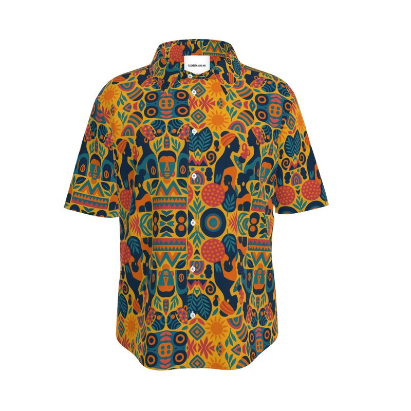 Chemise unisexe Zamaïa à manches courtes, imprimé ethnique coloré inspiré de l’Afrique et du soleil, coupe droite, mode éthique et artisanale