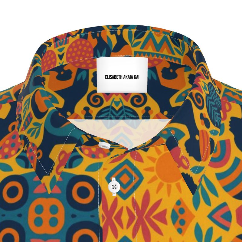 Chemise unisexe Zamaïa à manches courtes, imprimé ethnique coloré inspiré de l’Afrique et du soleil, coupe droite, mode éthique et artisanale